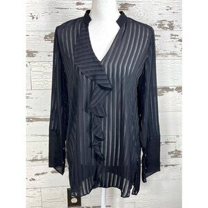 ETCETERA V-neck Cascading Ruffle Semi-Sheer Silk Blend Blouse Black Sz 6
